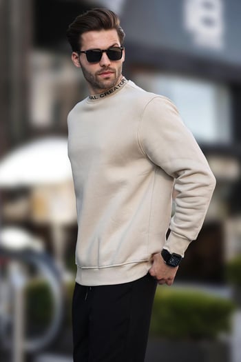 Bej Bisiklet Yaka Şardonlu Erkek Sweatshirt 7047