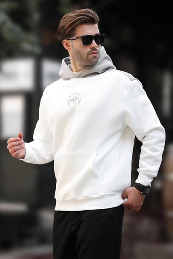 Ekru Kapüşonlu Renk Bloklu Nakış Detaylı Erkek Sweatshirt 7088