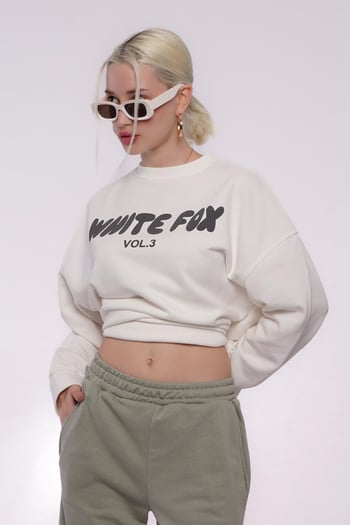 Ekru Bisiklet Yaka Baskılı Sweatshirt MG1904