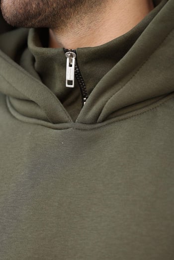 Haki Kapüşonlu Fermuar Yaka Desenli Erkek Sweatshirt E7162