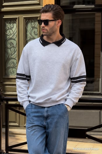 Karmelanj Polo Yaka Oversize Kolu Şeritli Erkek Sweatshirt 7048