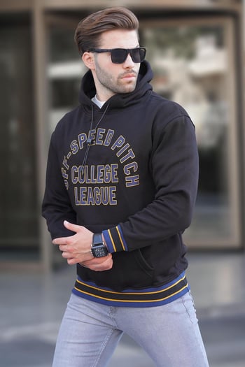 Siyah Kapüşonlu Cep Detaylı Baskılı Erkek Sweatshirt 7068