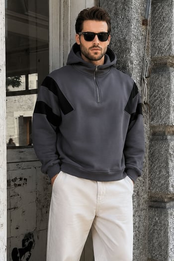 Füme Fermuarlı Yaka Kapüşonlu Erkek Sweatshirt E7161