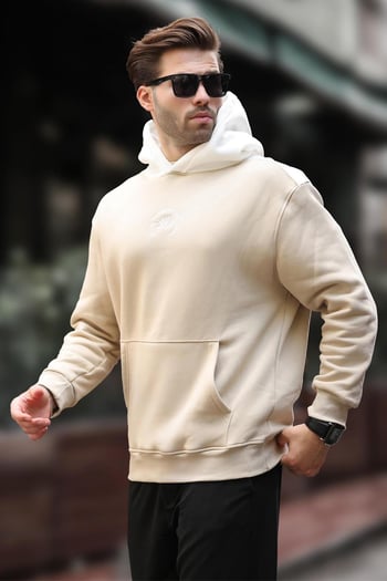 Bej Kapüşonlu Renk Bloklu Nakış Detaylı Erkek Sweatshirt 7088