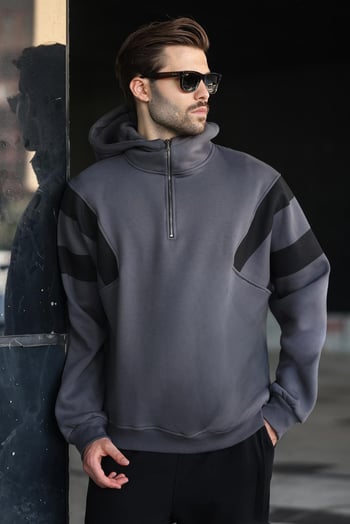 Füme Fermuarlı Yaka Kapüşonlu Erkek Sweatshirt E7161
