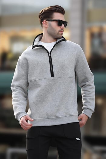 Gri Dik Yaka Yarım Fermuarlı Sweatshirt 7079