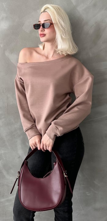 Bej Kayık Yaka Basic Sweatshirt MG2228