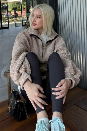 Bej Peluş Fermuar Yaka Sweatshirt MG1413