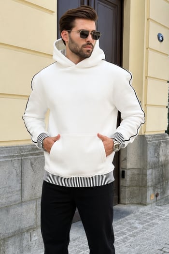 Ekru Kapüşonlu Kanguru Cep Erkek Sweatshirt E7163