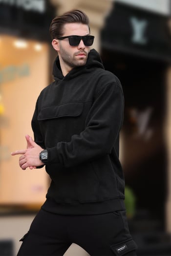Siyah Kapüşonlu Kapaklı Cep Detaylı Polar Erkek Sweatshirt 7097