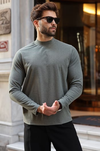 Haki Yarım Balıkçı Yaka Slim Fit Erkek Sweatshirt E7202