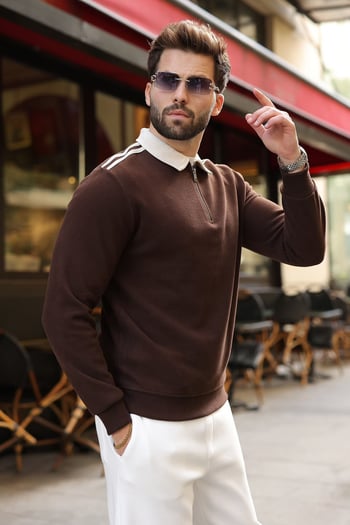 Acı Kahve Şerit Detaylı Polo Yaka Erkek Sweatshirt E7212  
