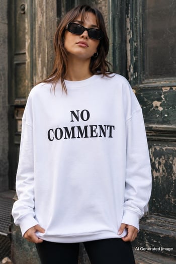 Beyaz Bisiklet Yaka Baskılı Oversize Kadın Sweatshirt MG1902