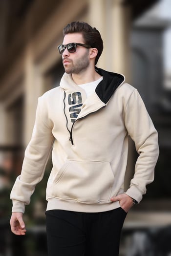 Beige Zipped Hoodie Sweatshirt 1767