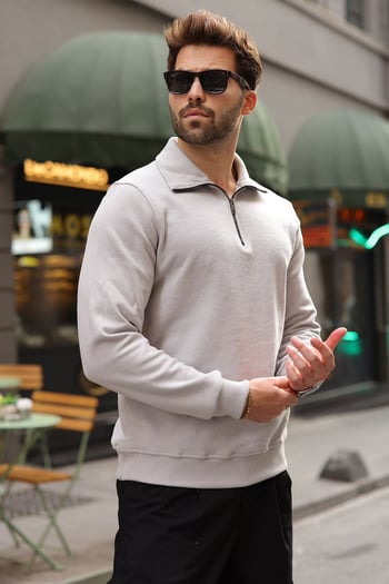 Gri Dik Yaka Yarım Fermuarlı Erkek Sweatshirt E7211