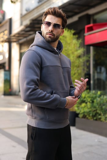 Füme Kanguru Cepli Kapüşonlu Erkek Sweatshirt E7218