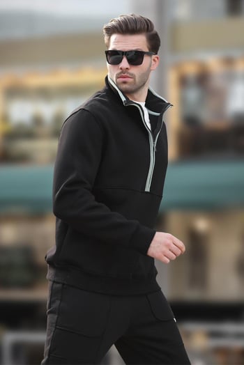 Siyah Dik Yaka Yarım Fermuarlı Sweatshirt 7079