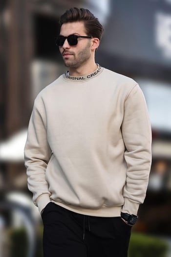 Bej Bisiklet Yaka Şardonlu Erkek Sweatshirt 7047