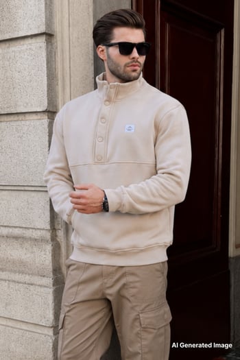 Bej Dik Yakalı Düğme Detaylı Erkek Sweatshirt 7060