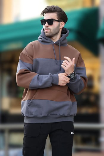Füme Kapüşonlu Renk Bloklu Cep Detaylı Erkek Sweatshirt 7044