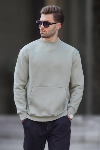 Mint Yeşili Bisiklet Yaka Nakış Detaylı Cepli Erkek Sweatshirt 7049