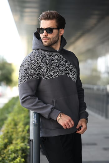 Füme Baskılı Kapüşonlu Erkek Sweatshirt E7160