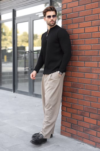 Siyah Bisiklet Yaka Fermuar Detaylı Erkek Triko Sweatshirt E7209