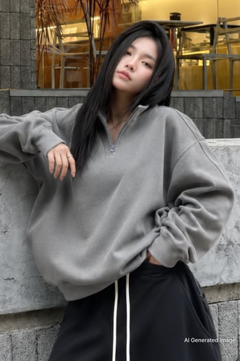 Boyalı Gri Fermuar Detaylı Oversize Sweatshirt MG1933