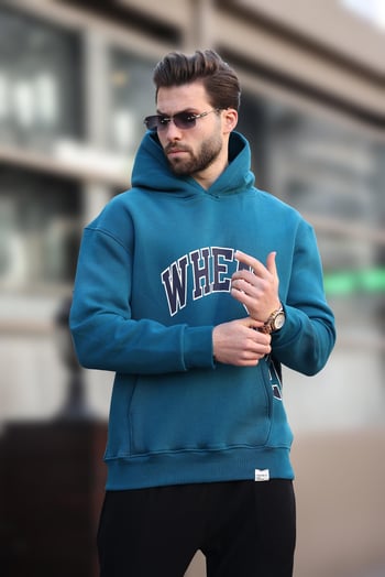 Petrol Mavisi Kapüşonlu Baskılı Cep Detaylı Erkek Sweatshirt E7065