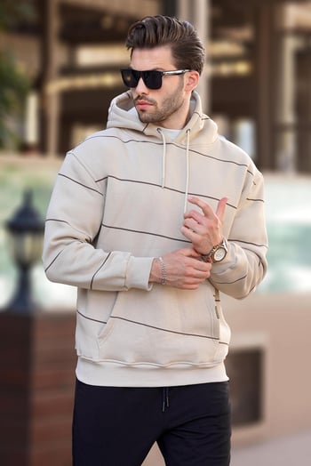 Bej Kapüşonlu Cep Detaylı Çizgili Erkek Sweatshirt 7063