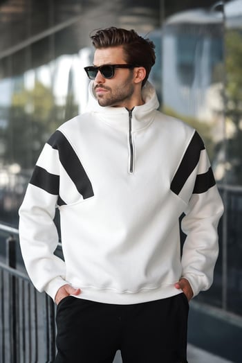 Ekru Fermuarlı Yaka Kapüşonlu Erkek Sweatshirt E7161