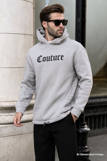 Boyalı Gri Kapüşonlu Cep Detaylı Baskılı Erkek Sweatshirt 7090