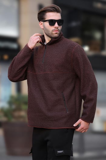 Acı Kahverengi Dik Yaka Yarım Fermuarlı Buklet Sweatshirt 7084