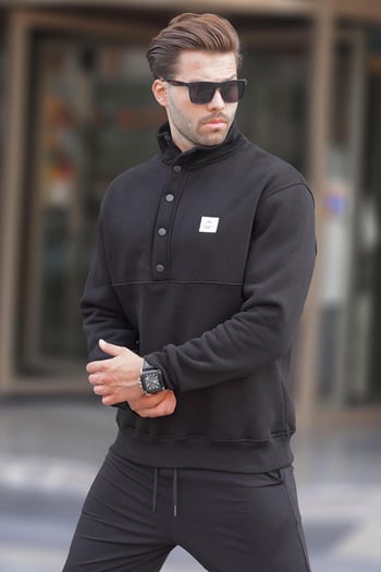 Siyah Dik Yakalı Düğme Detaylı Erkek Sweatshirt 7060