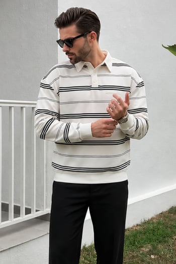 Ekru Çizgili Polo Yaka Erkek Sweatshirt E7172