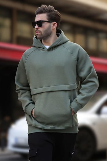Haki Kapüşonlu Cep Detaylı Erkek Sweatshirt 7092