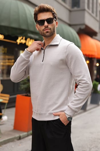 Gri Dik Yaka Yarım Fermuarlı Erkek Sweatshirt E7211