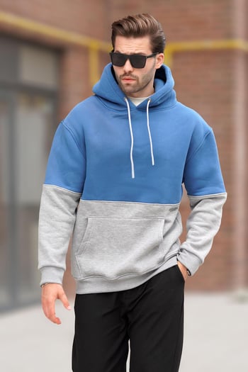 İndigo Kapüşonlu Renk Bloklu Baskı Detaylı Erkek Sweatshirt 7046