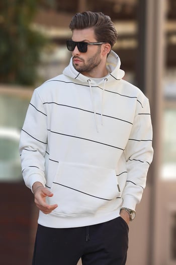 Ekru Kapüşonlu Cep Detaylı Çizgili Erkek Sweatshirt 7063