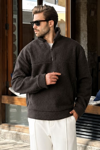 Füme Yarım Fermuarlı Dik Yaka Polar Sweatshirt E7165