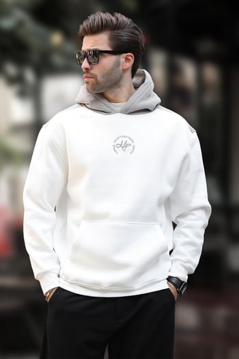 Ekru Kapüşonlu Renk Bloklu Nakış Detaylı Erkek Sweatshirt 7088