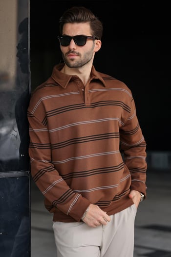Kahverengi Çizgili Polo Yaka Erkek Sweatshirt E7172