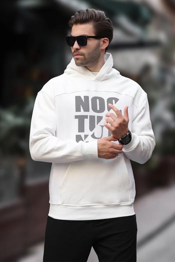 Ekru Baskılı Kapüşonlu Cep Detaylı Erkek Sweatshirt 7062