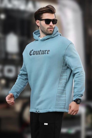Mavi Kapüşonlu Cep Detaylı Baskılı Erkek Sweatshirt 7090
