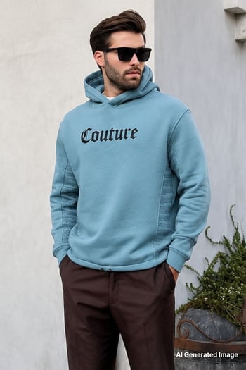 Mavi Kapüşonlu Cep Detaylı Baskılı Erkek Sweatshirt 7090