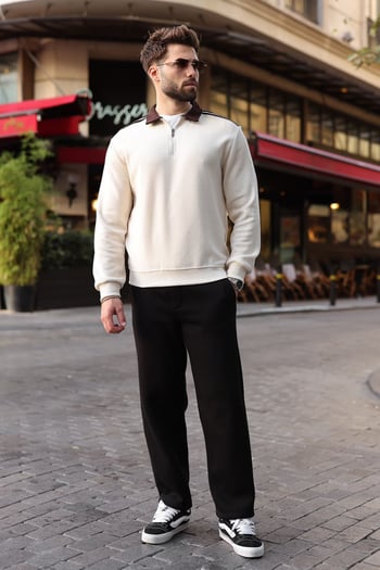 Bej Şerit Detaylı Polo Yaka Erkek Sweatshirt E7212  