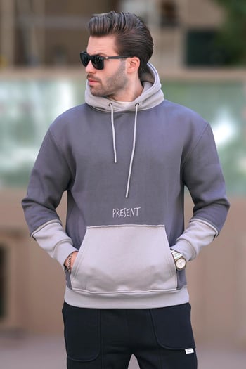 Füme Kapüşonlu Baskılı Cep Detaylı Erkek Sweatshirt 7083