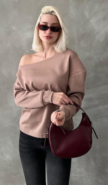 Bej Kayık Yaka Basic Sweatshirt MG2228