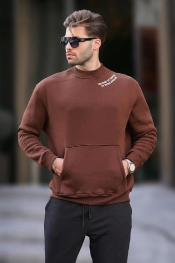 Acı Kahverengi Bisiklet Yaka Nakış Detaylı Cepli Erkek Sweatshirt 7049