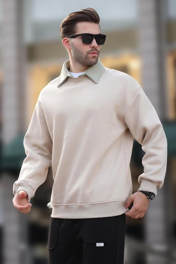 Bej Polo Yaka Erkek Sweatshirt 7086